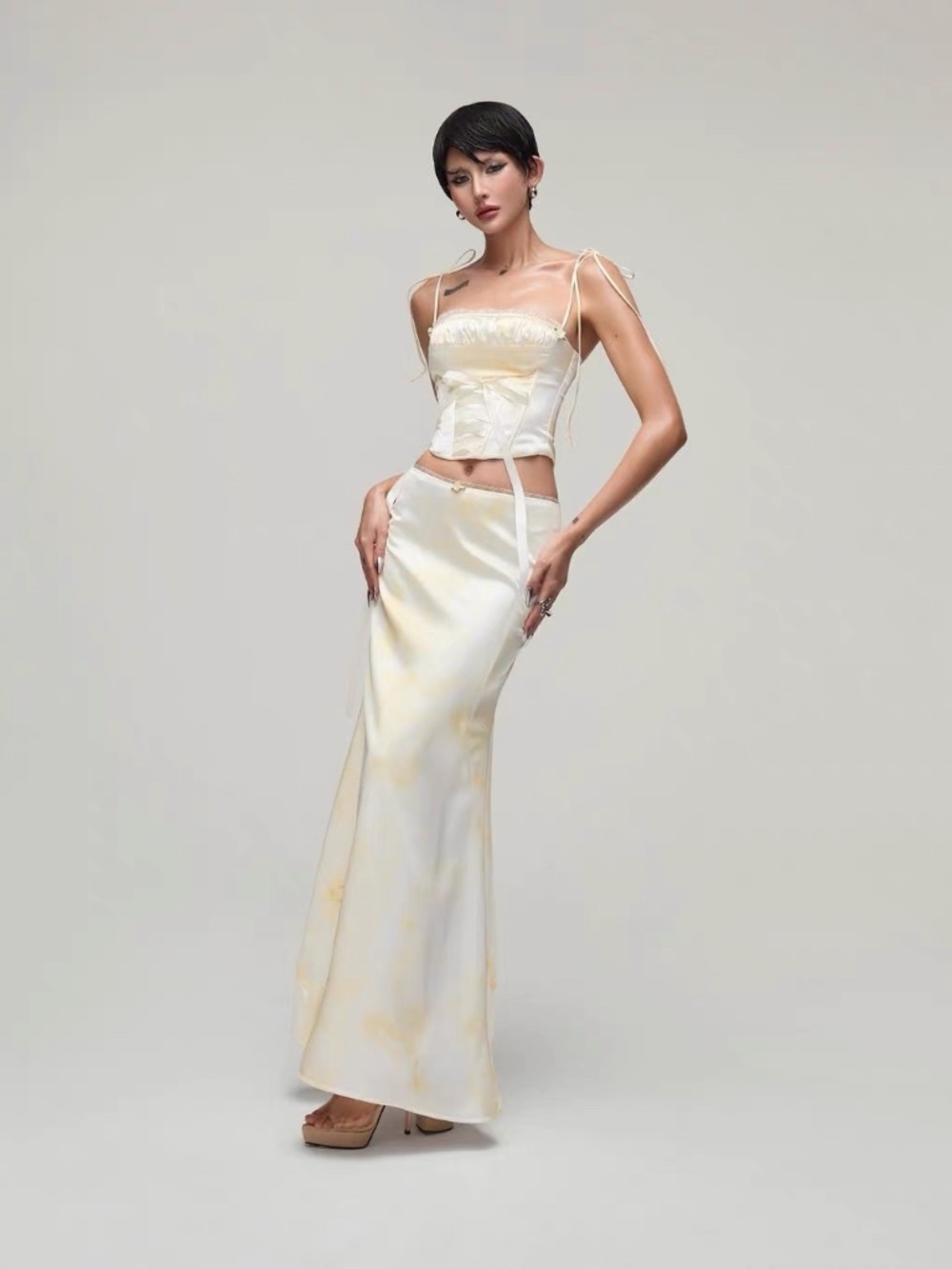 Designer Silk Satin Corset Top & Maxi Skirt Set | Elegant Two-Piece